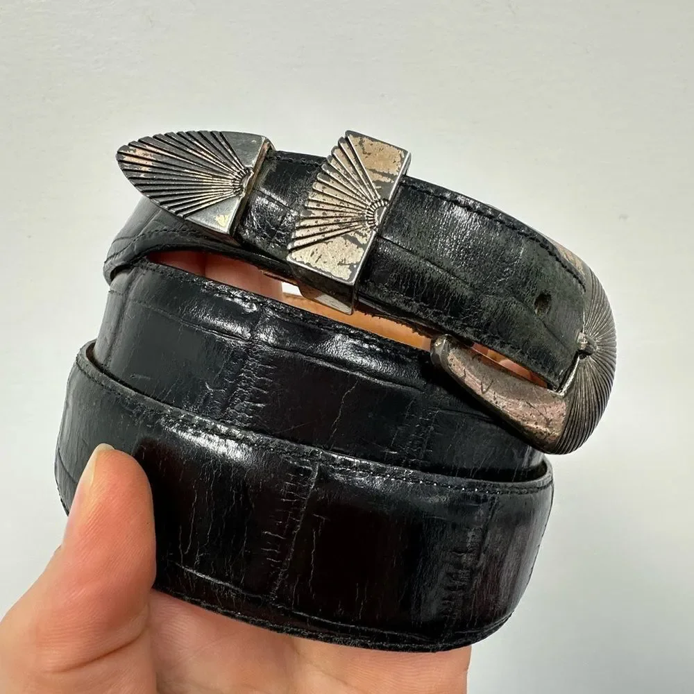 Vintage Onyx Western Belt Black Leather Croc Embossed Silver Tone Hardware L